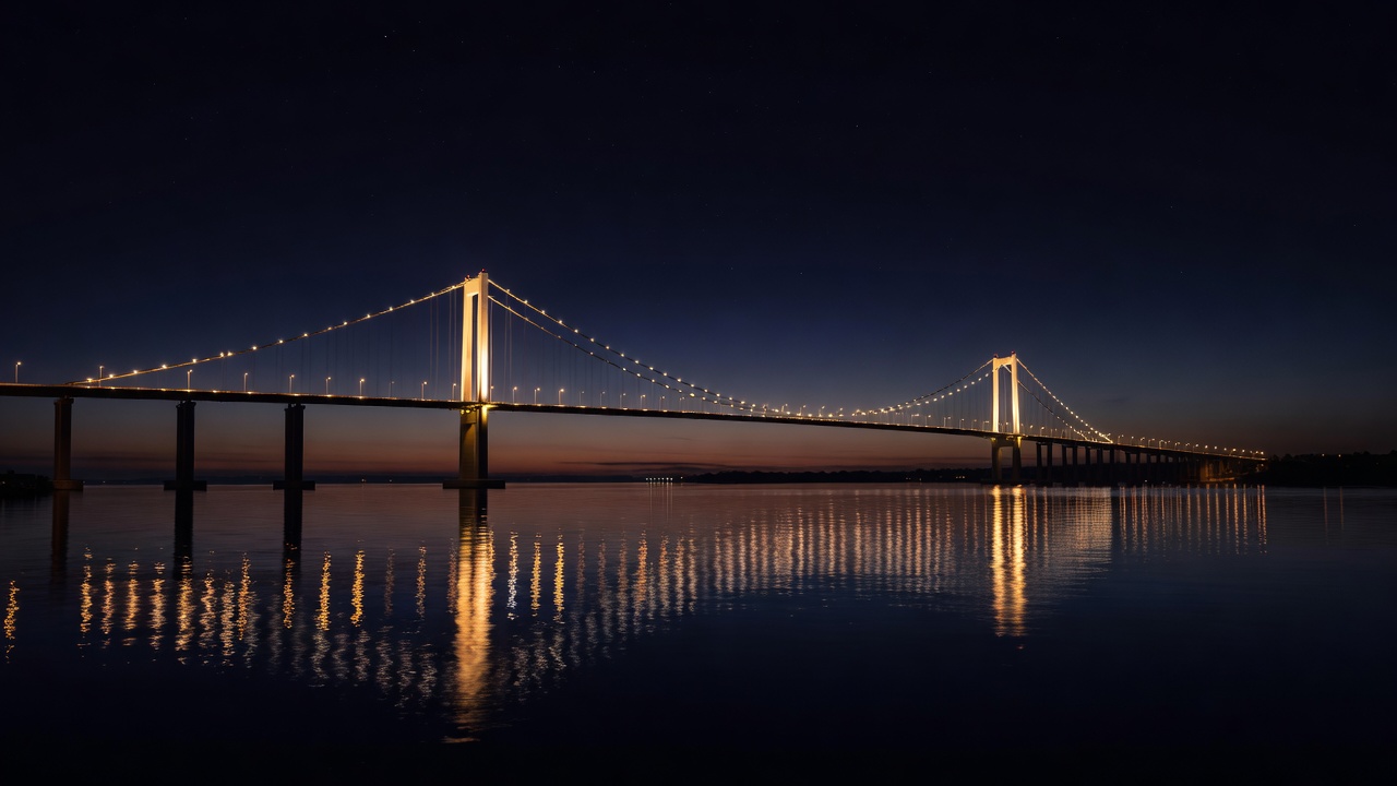 Architectural lights tracing a bridge above dark water as the evening deepens