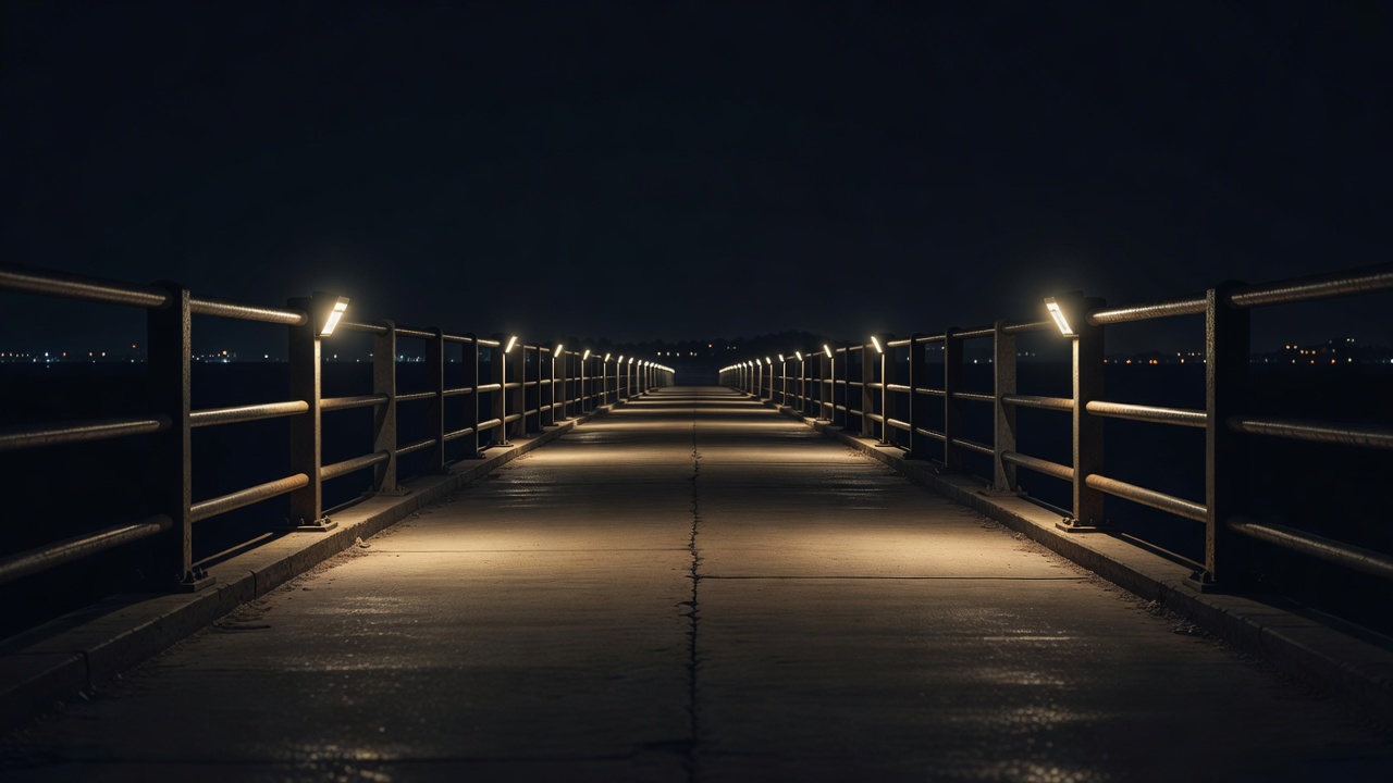 A bridge footway at night with a visible walking surface, railings and a clear route ahead